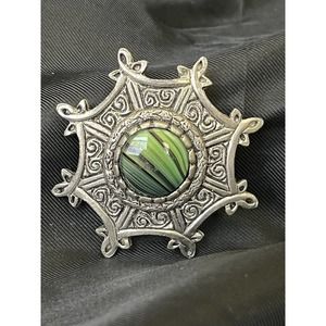 Vintage Celtic Brooch Pin Pewter Tone With Green Glass Cabochon Ornate Design